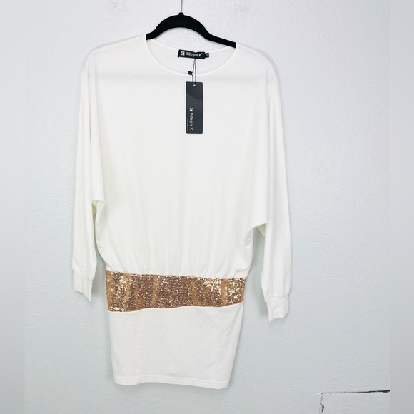 Allegra K Y2K Batwing Sleeves Rose Gold Sequins Accent Blouson Mini Dress - Picture 2 of 7